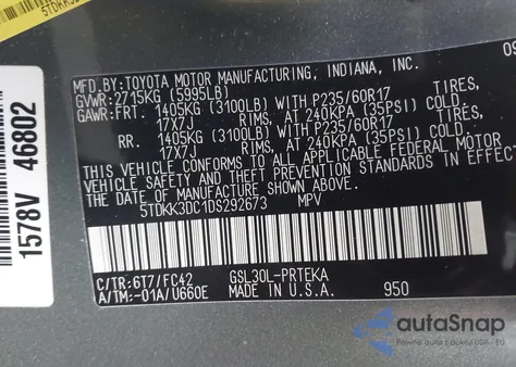 2013 Toyota Sienna Le V6 8 Passenger from USA, damaged, VIN 5TDKK3DC1DS292673